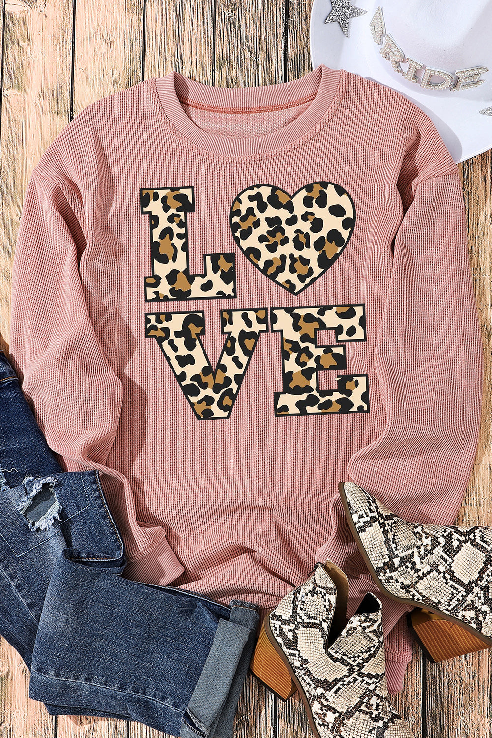 Valentine's Day Leopard Print Date Night Crew Neck Knit Sweatshirt