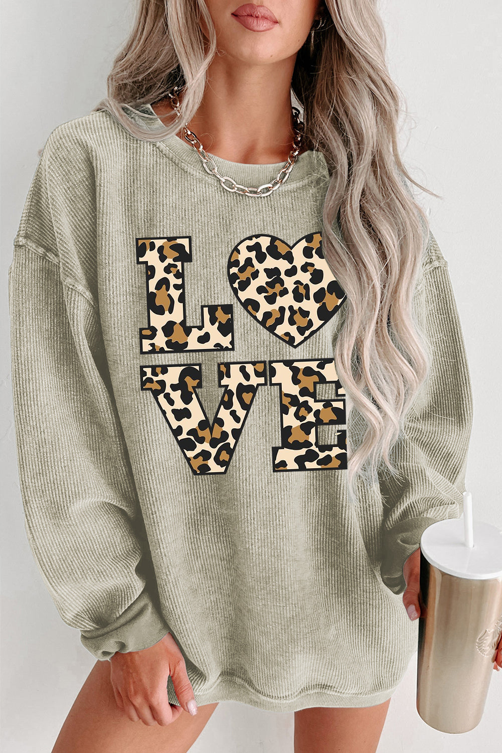 Valentine's Day Leopard Print Date Night Crew Neck Knit Sweatshirt