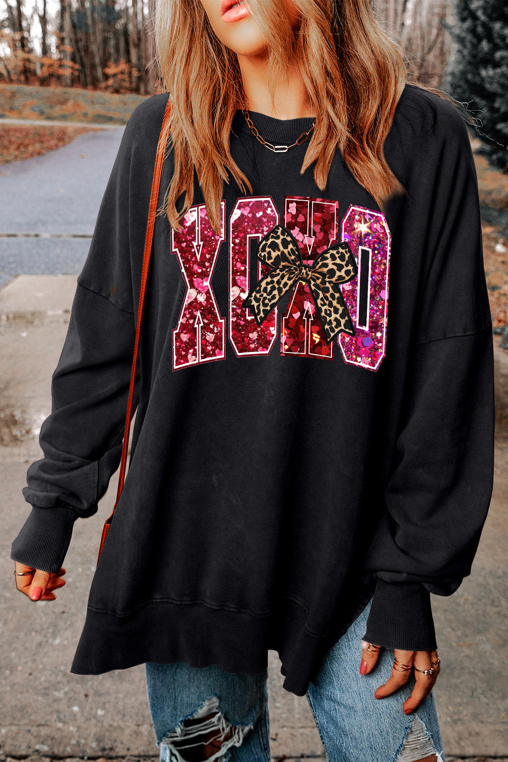 Valentine's Day XOXO Heart Oversized Drop Shoulder Ribbed Sweatshirt