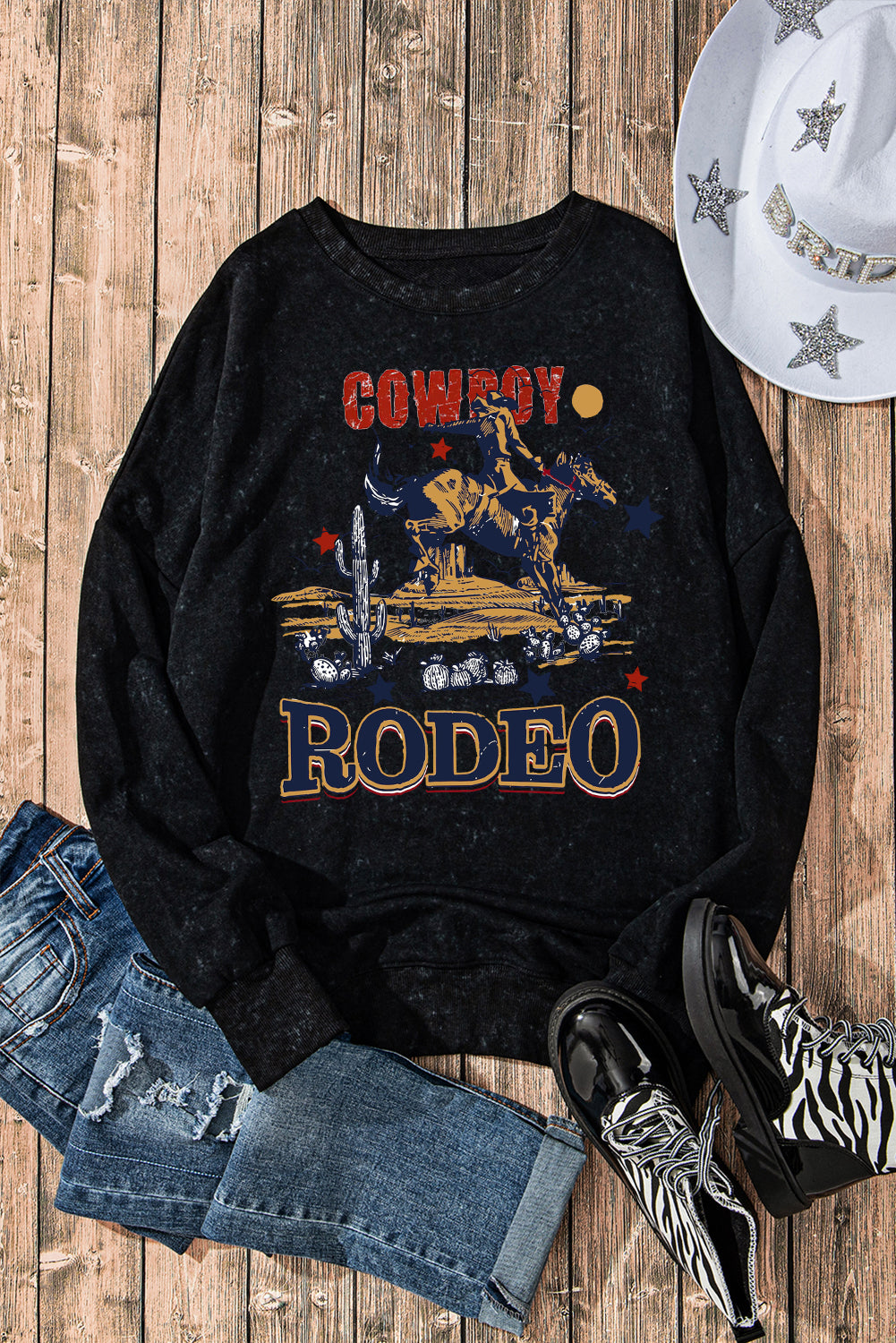 Western Rodeo Oversized Drop-Shoulder Ribbed Sweatshirt