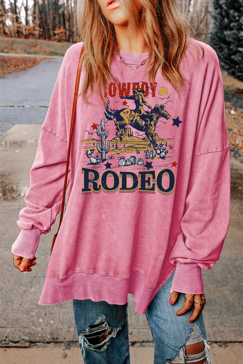 Western Rodeo Oversized Drop-Shoulder Ribbed Sweatshirt