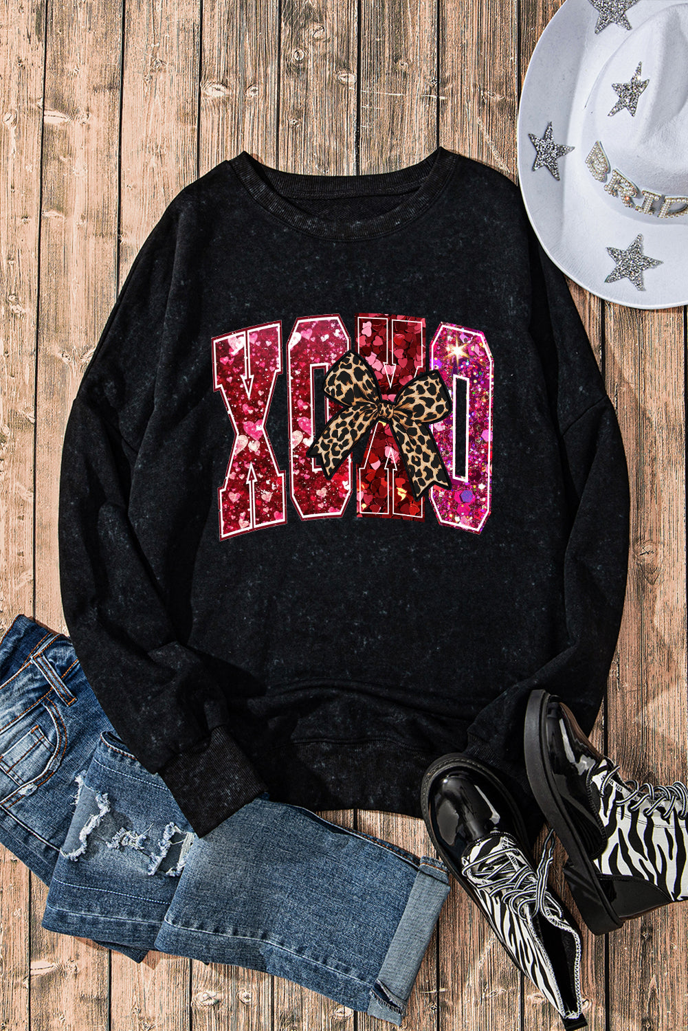 Valentine's Day XOXO Heart Oversized Drop Shoulder Ribbed Sweatshirt