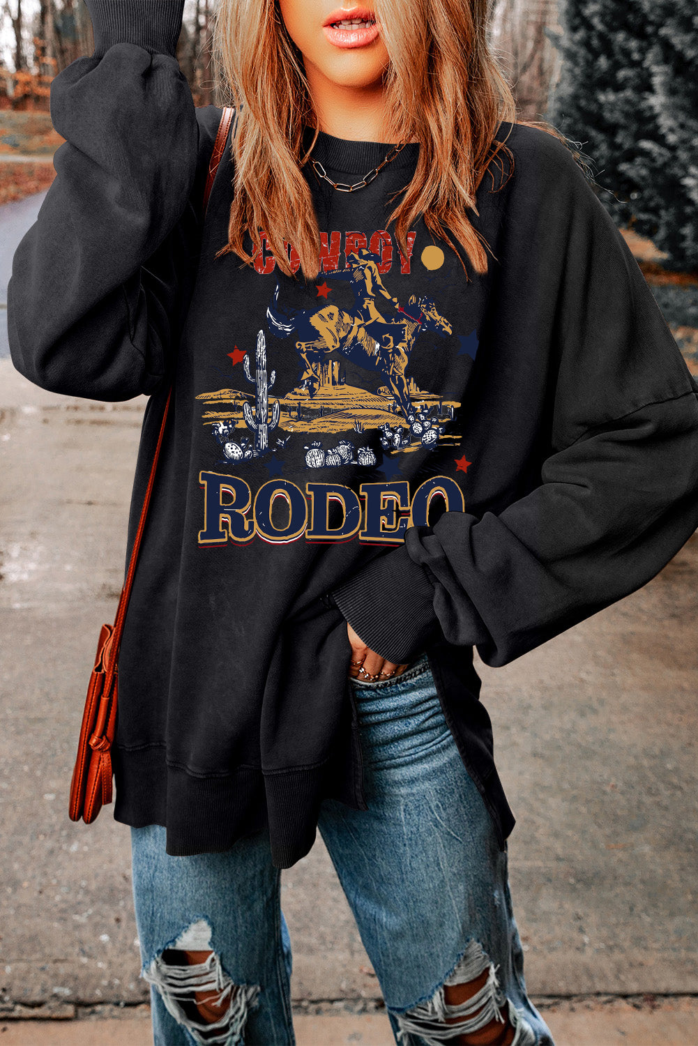 Western Rodeo Oversized Drop-Shoulder Ribbed Sweatshirt