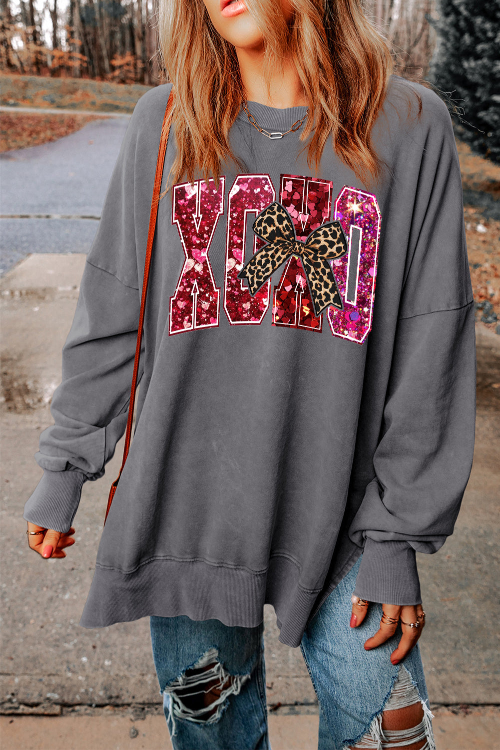 Valentine's Day XOXO Heart Oversized Drop Shoulder Ribbed Sweatshirt