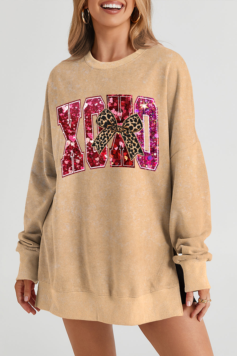 Valentine's Day XOXO Heart Oversized Drop Shoulder Ribbed Sweatshirt