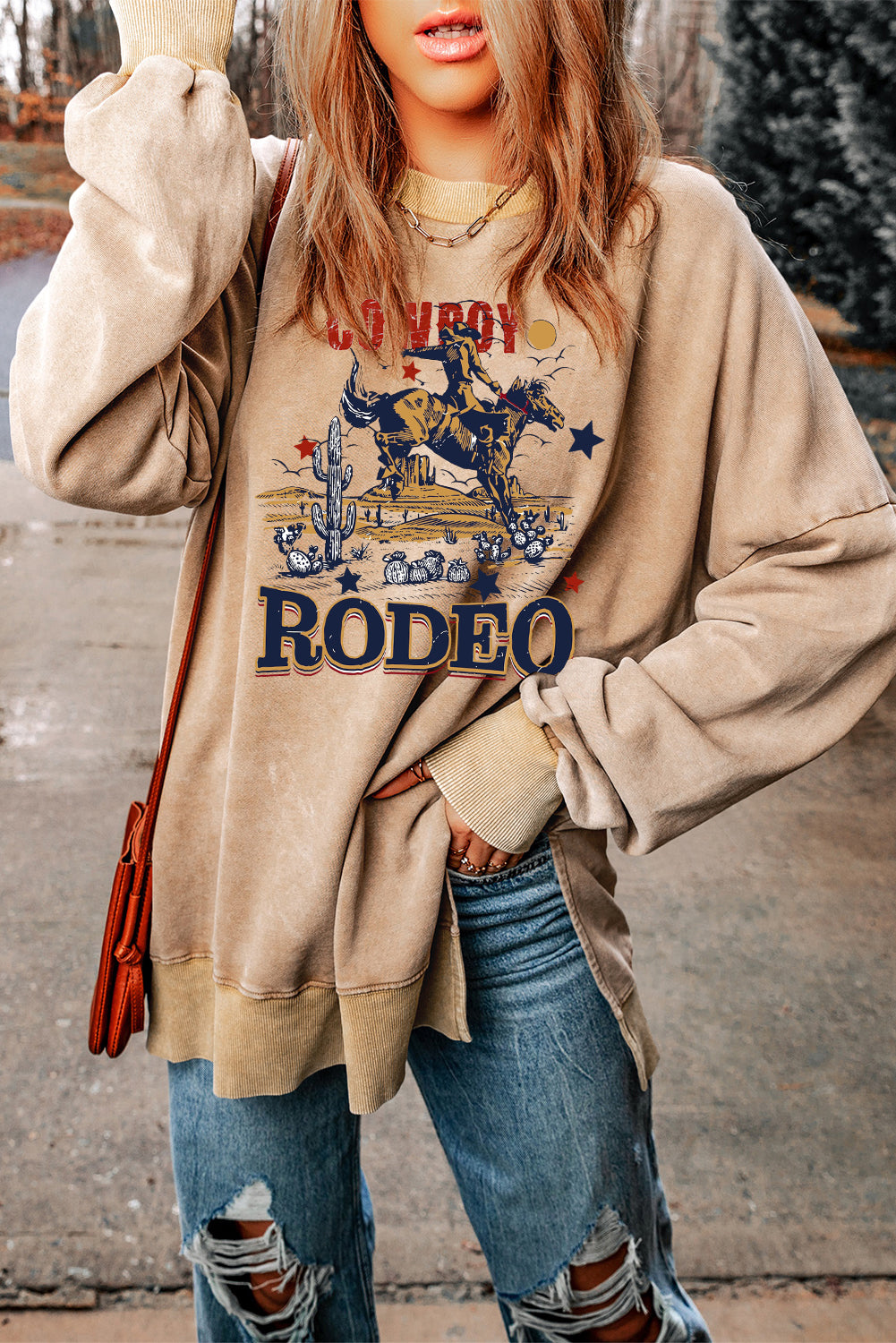 Western Rodeo Oversized Drop-Shoulder Ribbed Sweatshirt