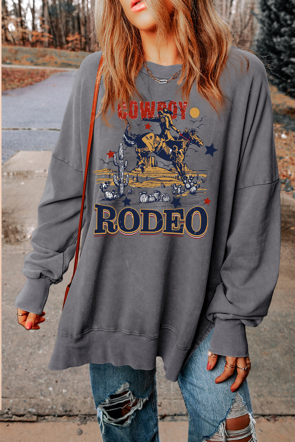 Western Rodeo Oversized Drop-Shoulder Ribbed Sweatshirt