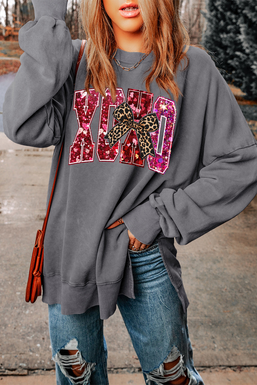 Valentine's Day XOXO Heart Oversized Drop Shoulder Ribbed Sweatshirt