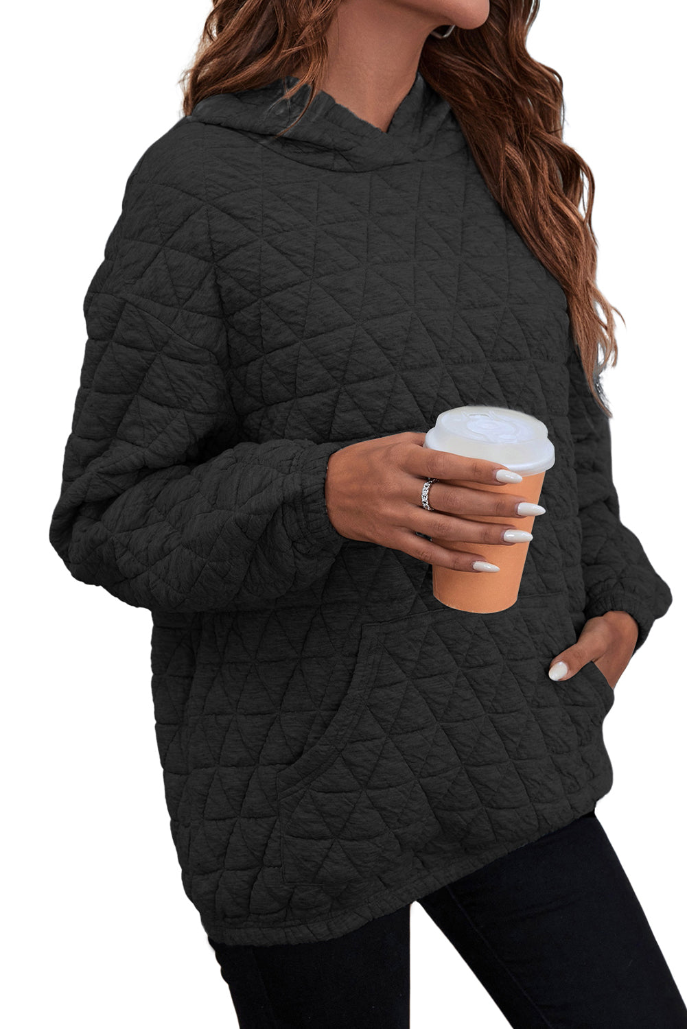 Black lozenge Drop Shoulder hooded Sweatshirt