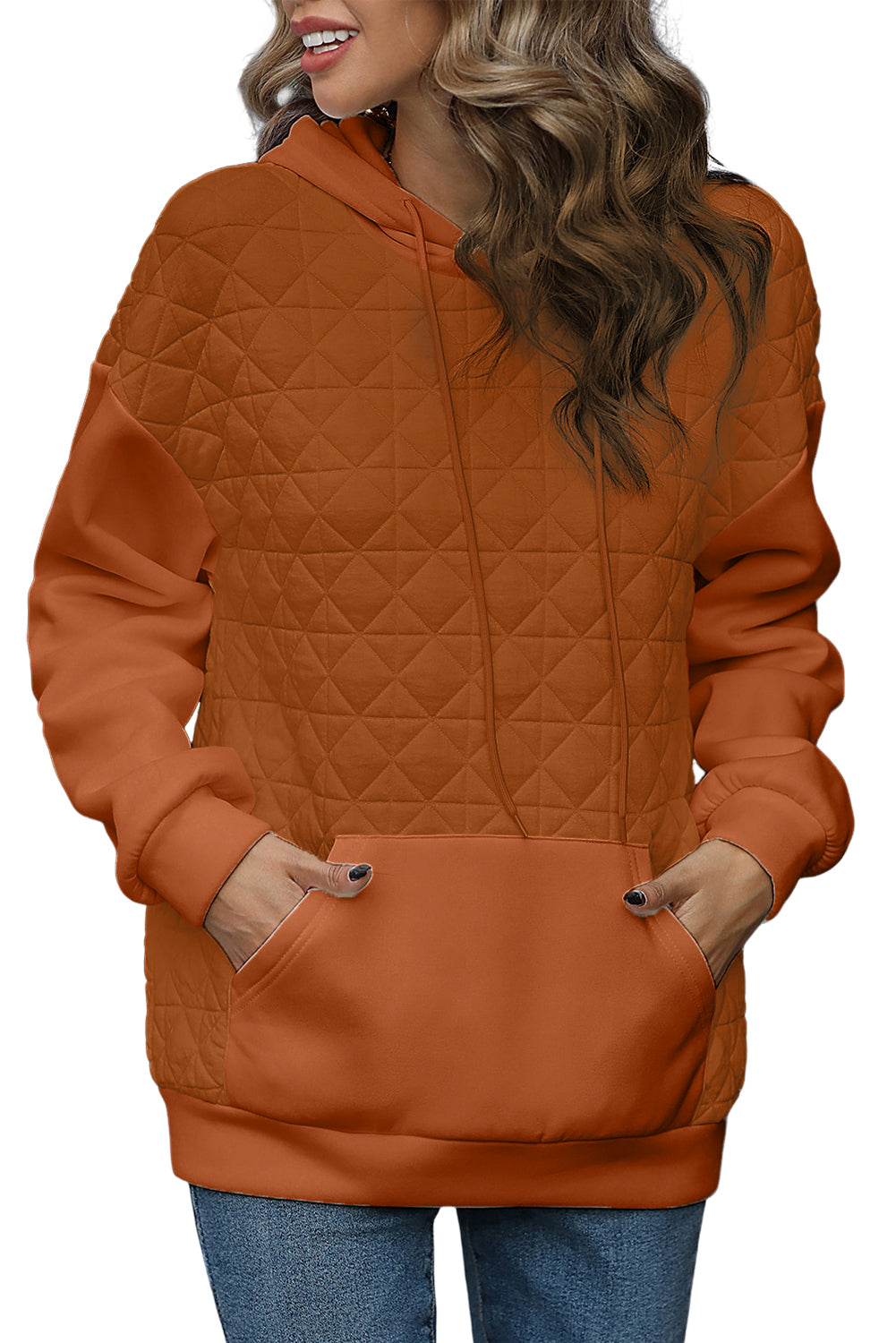 Orange lozenge Splicing Drop Shoulder hooded Sweatshirt