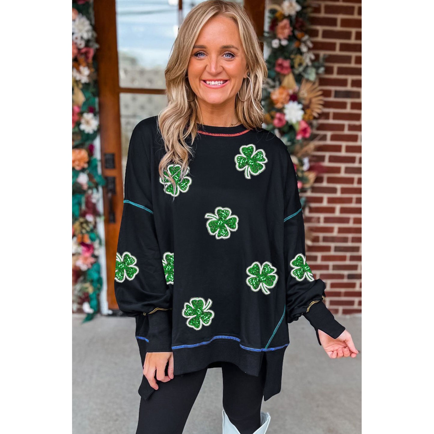 Black Sequin Clover Exposed Seam Split Lantern Sleeve Sweatshirt