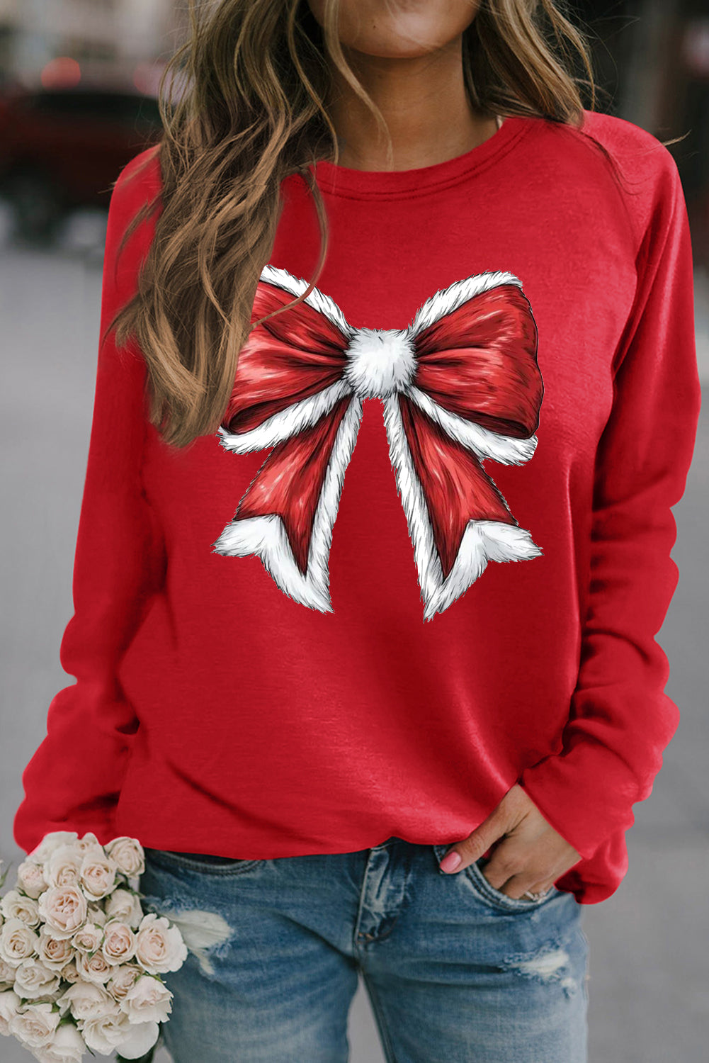 Christmas Plain Round Neck Large Bow Pattern Pullover Sweatshirt