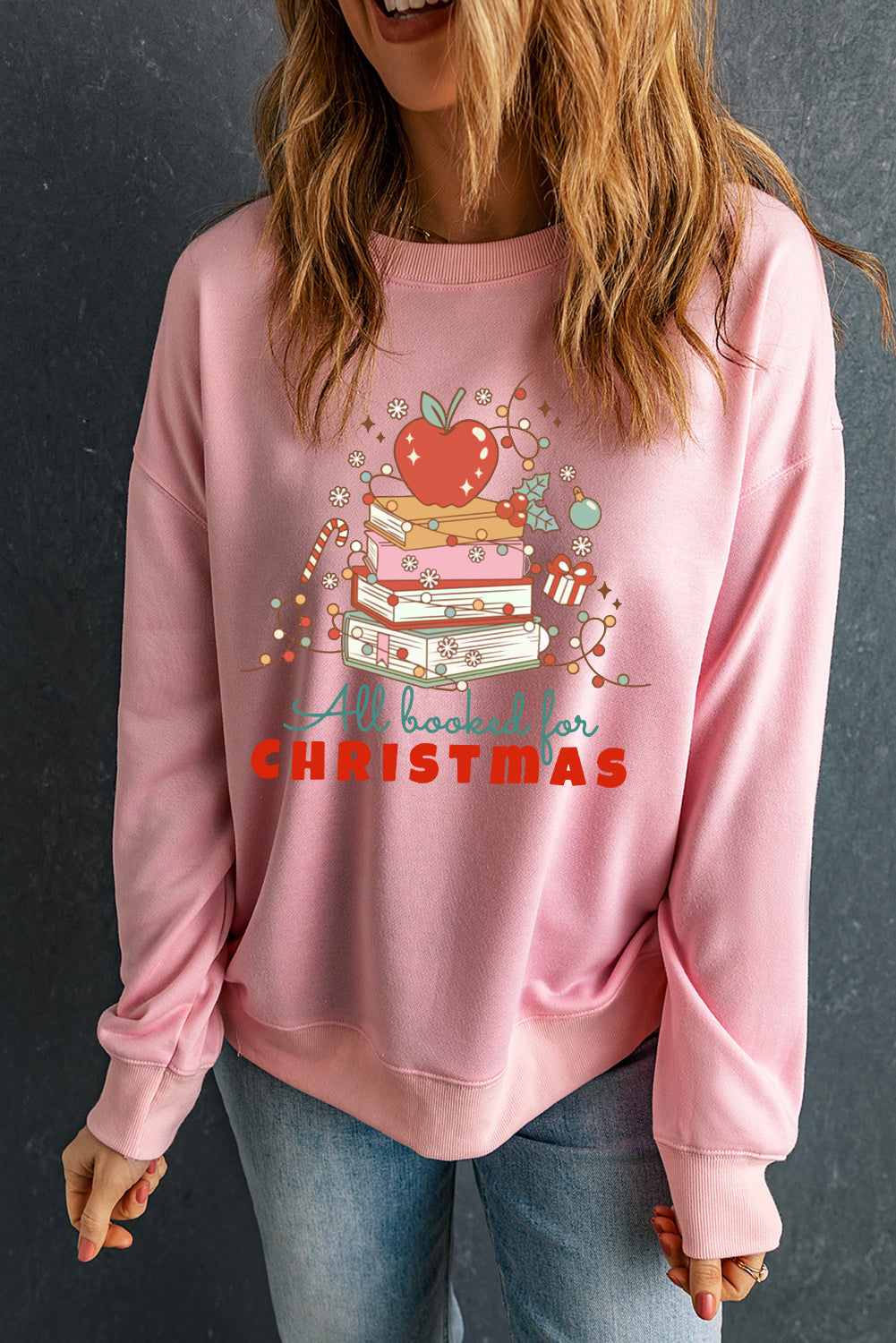 Christmas Crew Neck Apple Book Pattern Pullover Sweatshirt