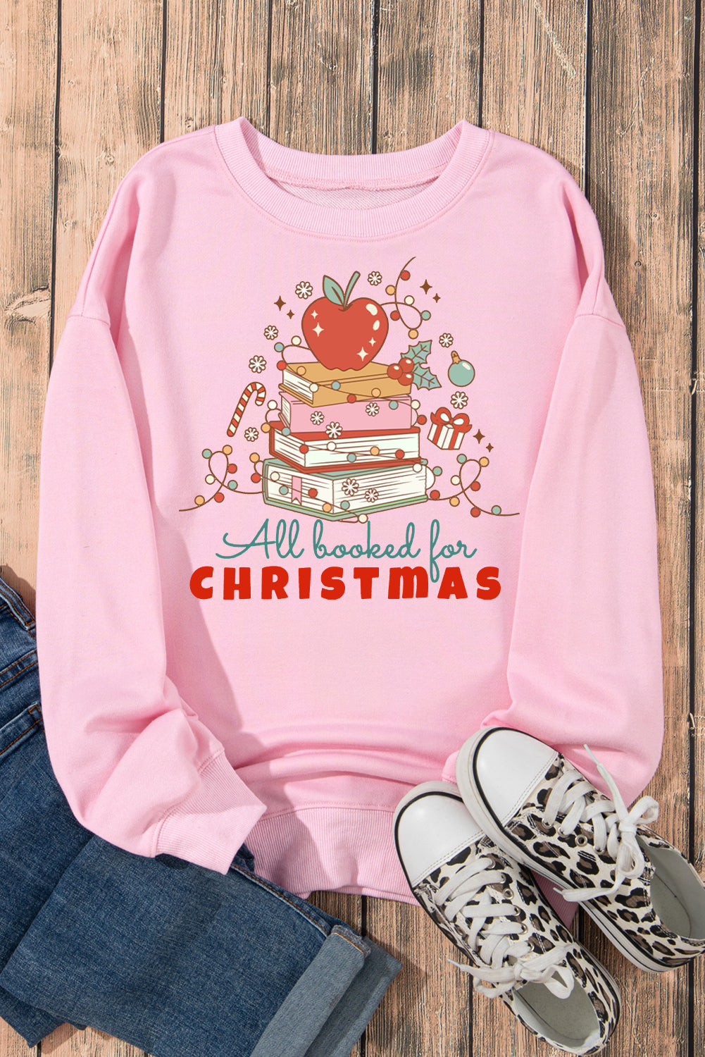 Christmas Crew Neck Apple Book Pattern Pullover Sweatshirt