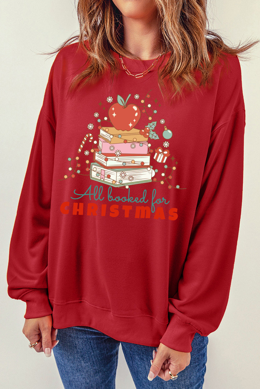 Christmas Crew Neck Apple Book Pattern Pullover Sweatshirt