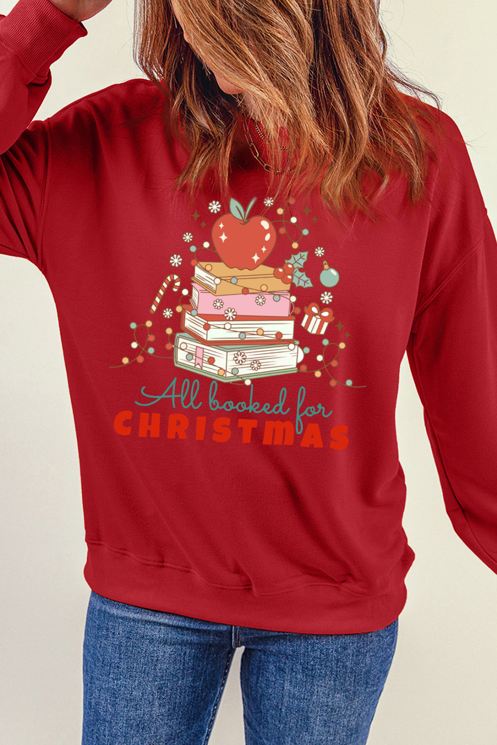 Christmas Crew Neck Apple Book Pattern Pullover Sweatshirt