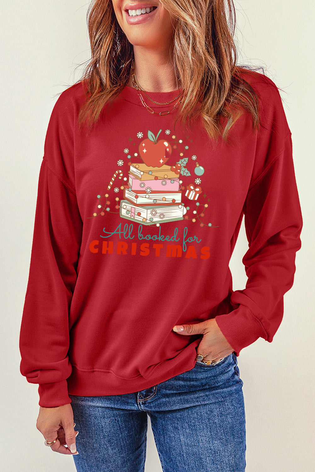 Christmas Crew Neck Apple Book Pattern Pullover Sweatshirt