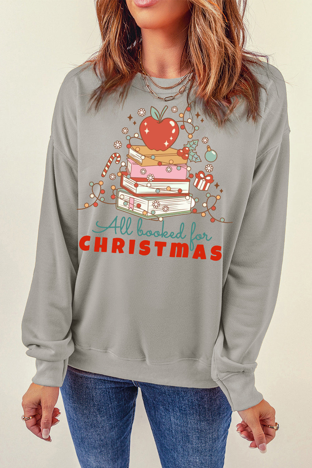 Christmas Crew Neck Apple Book Pattern Pullover Sweatshirt