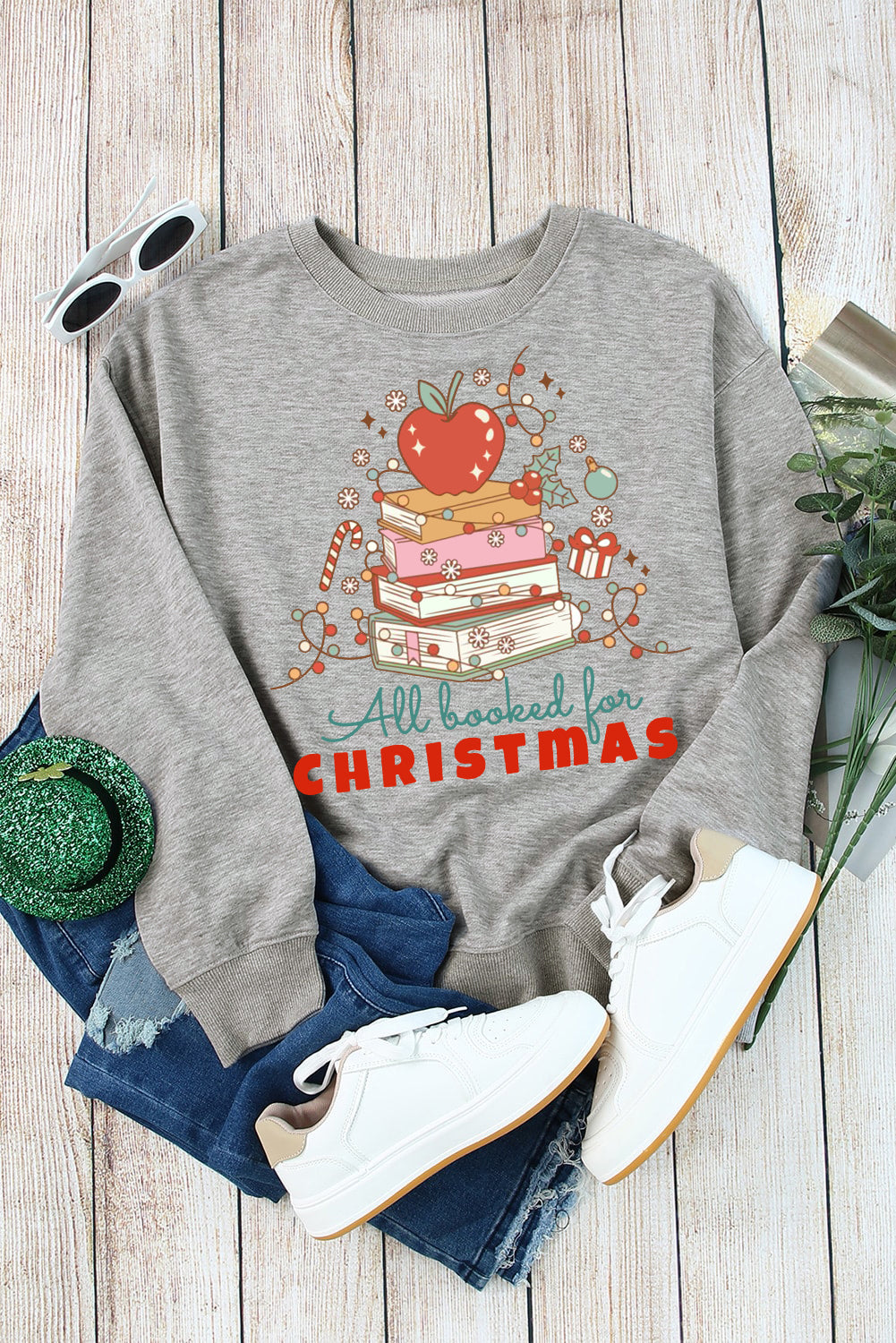 Christmas Crew Neck Apple Book Pattern Pullover Sweatshirt