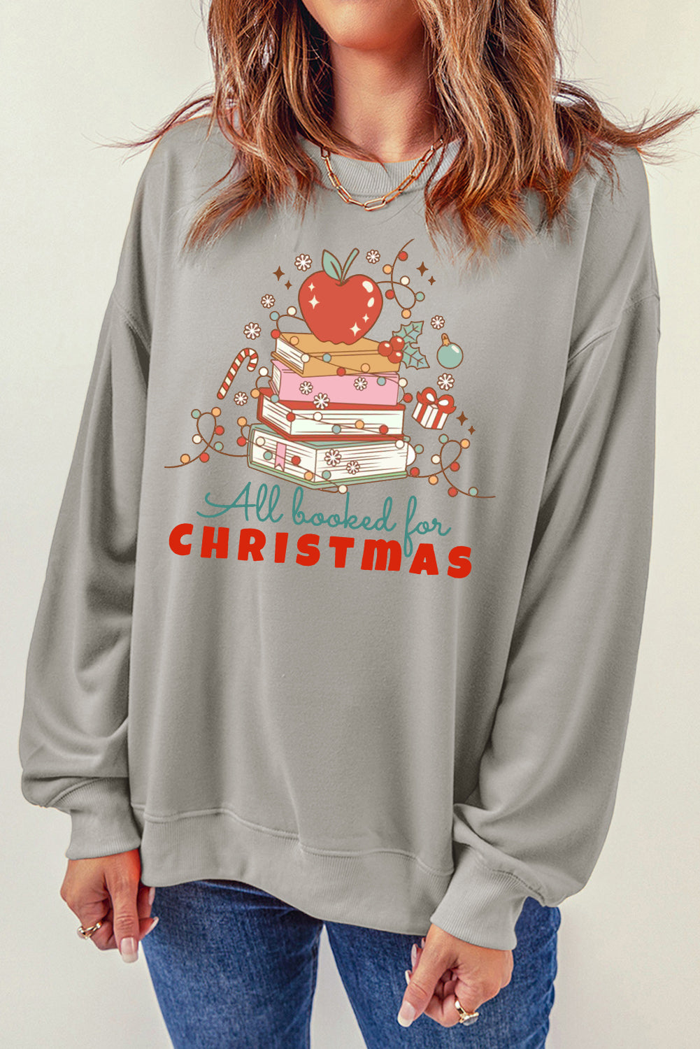 Christmas Crew Neck Apple Book Pattern Pullover Sweatshirt