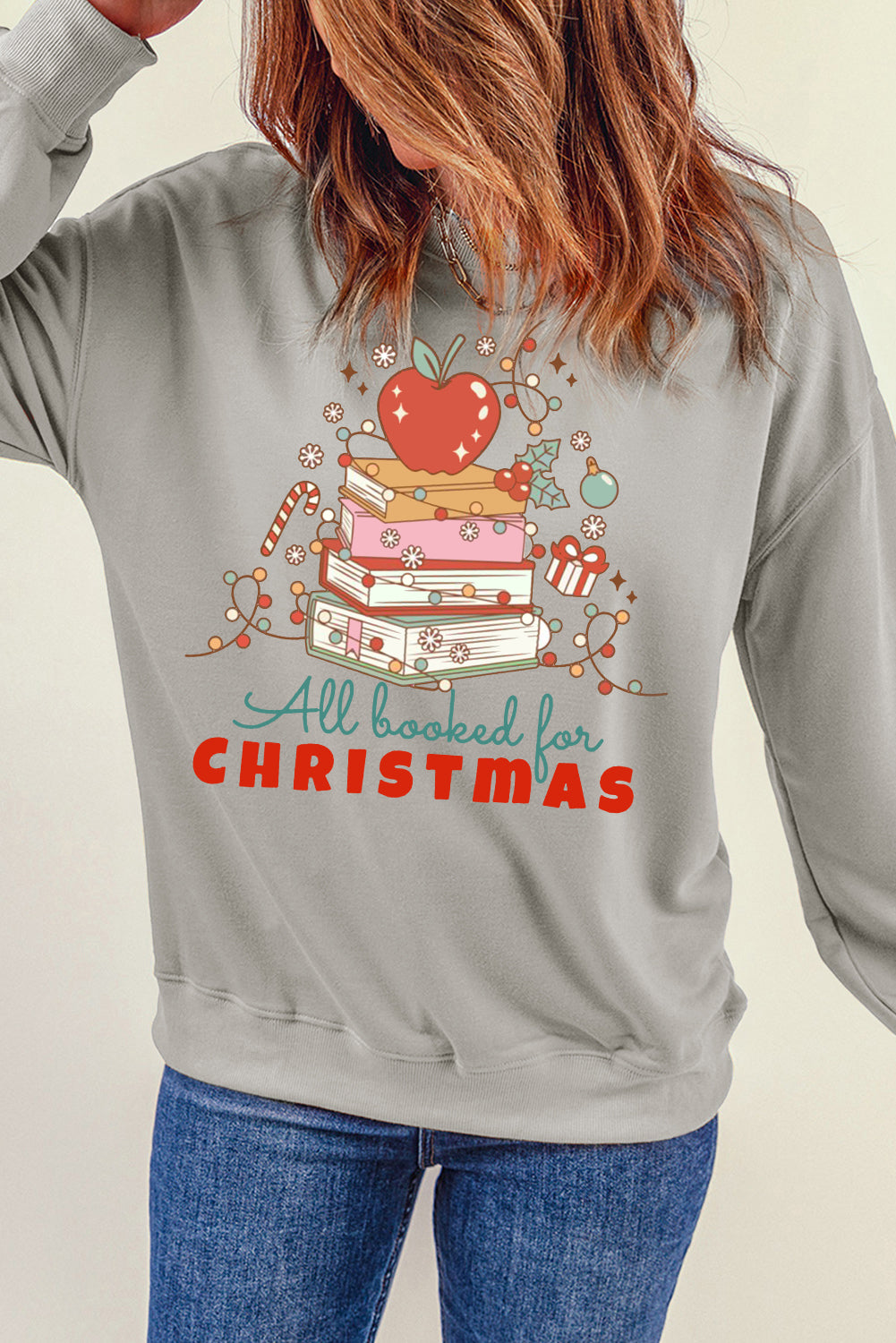 Christmas Crew Neck Apple Book Pattern Pullover Sweatshirt