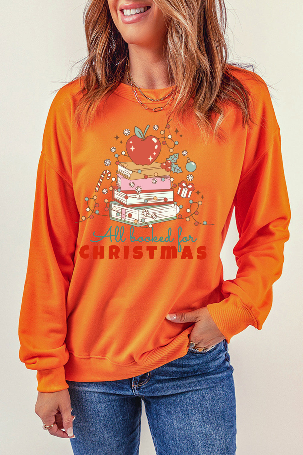 Christmas Crew Neck Apple Book Pattern Pullover Sweatshirt