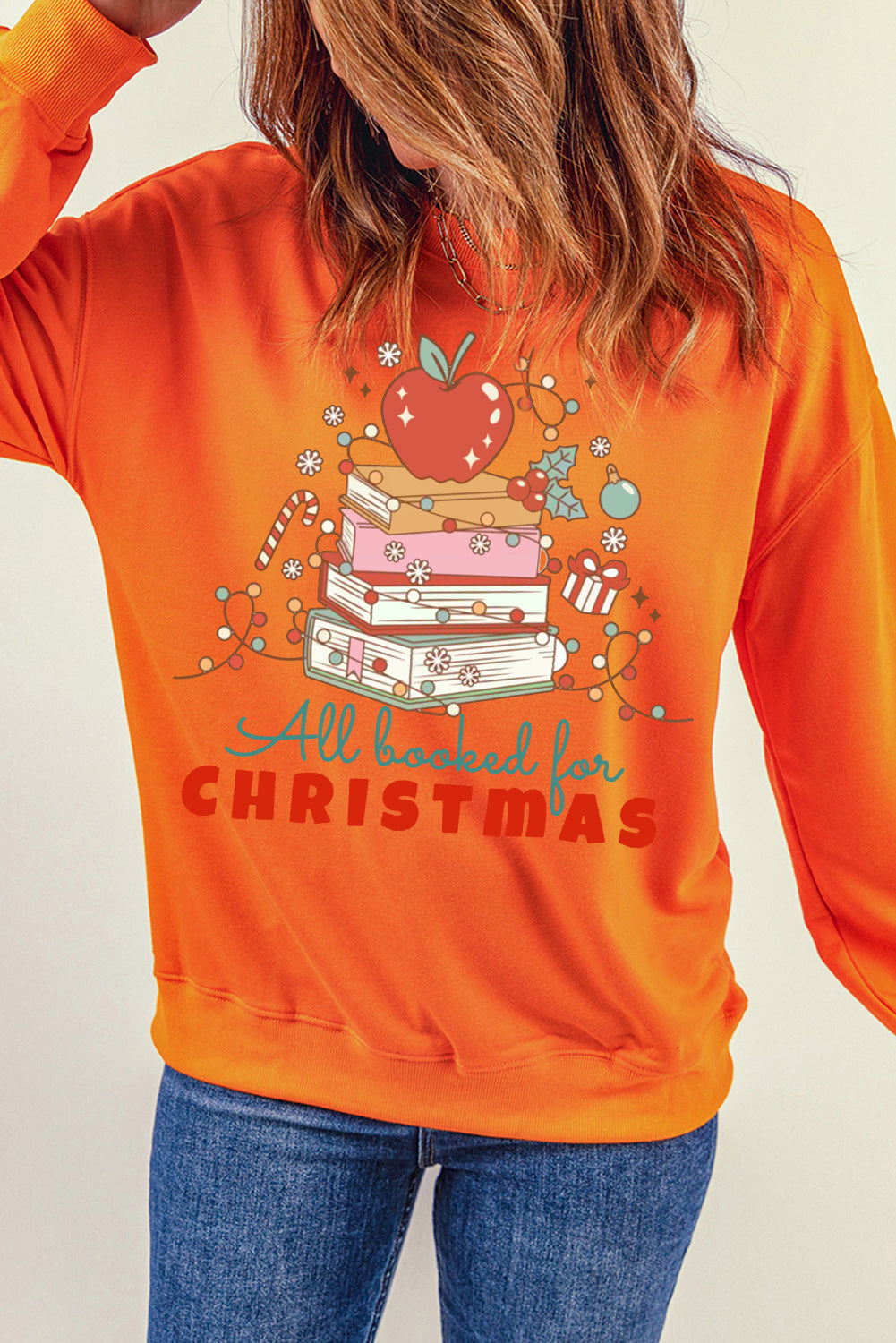 Christmas Crew Neck Apple Book Pattern Pullover Sweatshirt