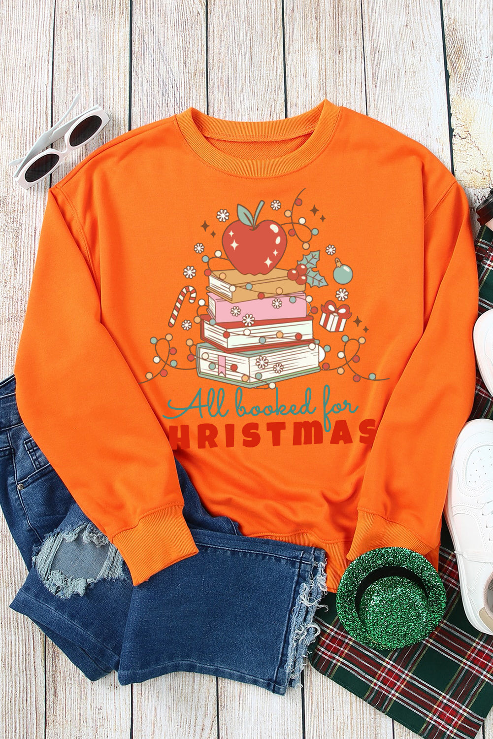 Christmas Crew Neck Apple Book Pattern Pullover Sweatshirt