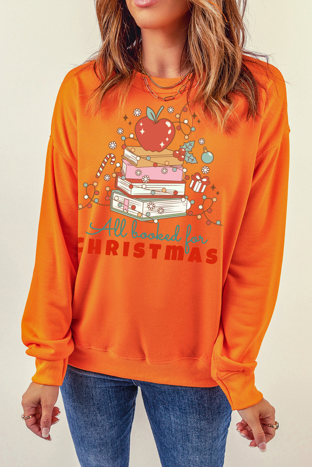 Christmas Crew Neck Apple Book Pattern Pullover Sweatshirt