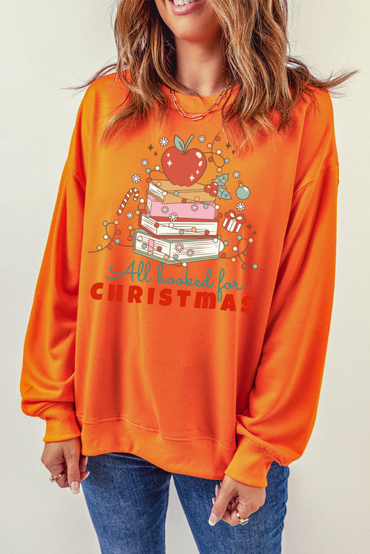 Christmas Crew Neck Apple Book Pattern Pullover Sweatshirt