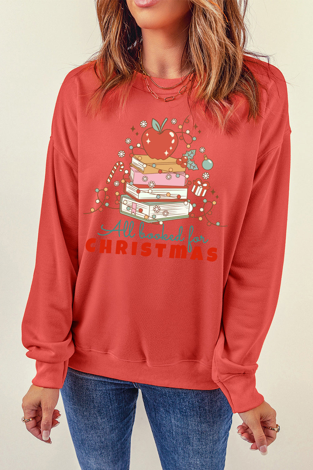 Christmas Crew Neck Apple Book Pattern Pullover Sweatshirt