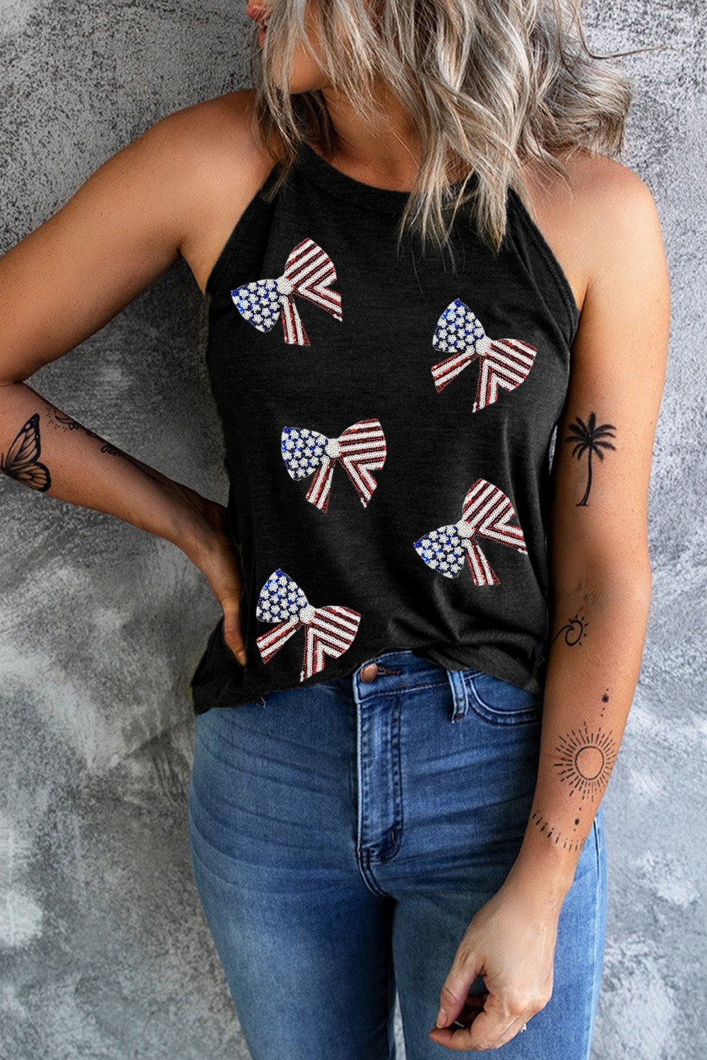 Black Sequined Flag Bowknot Fashion Tank Top