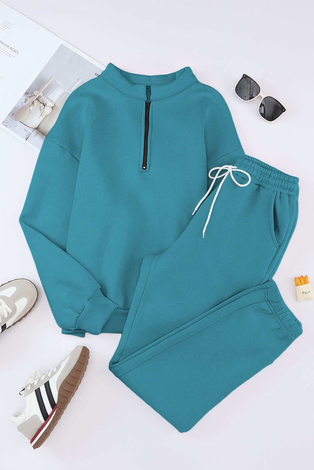 LakeBlue Zip Up Stand Collar Slouchy Two-piece Outfit