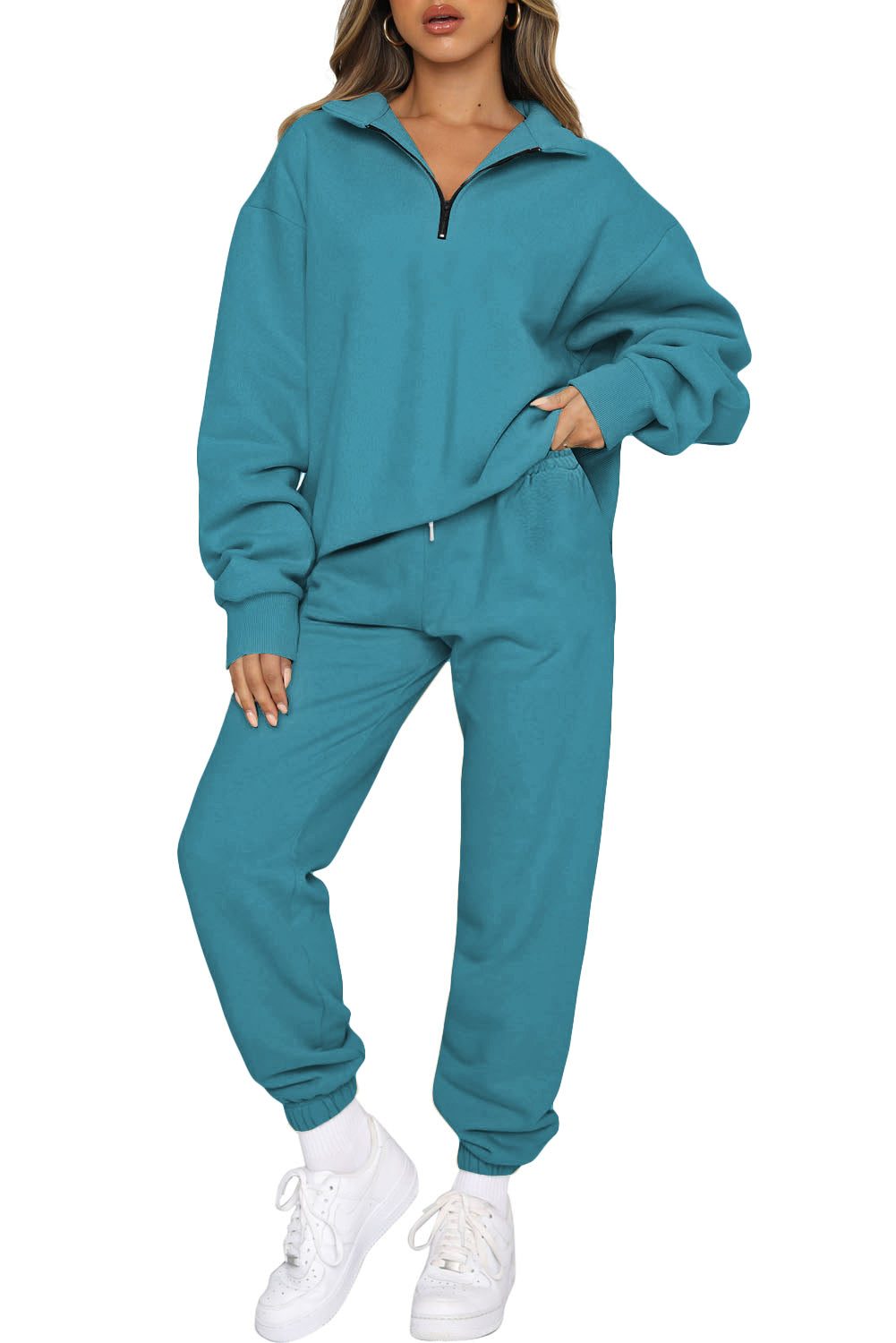 LakeBlue Zip Up Stand Collar Slouchy Two-piece Outfit