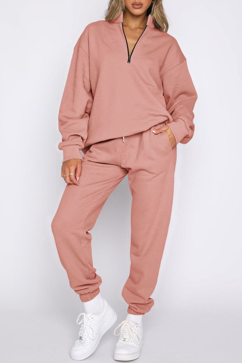 Pink Zip Up Stand Collar Slouchy Two-piece Outfit