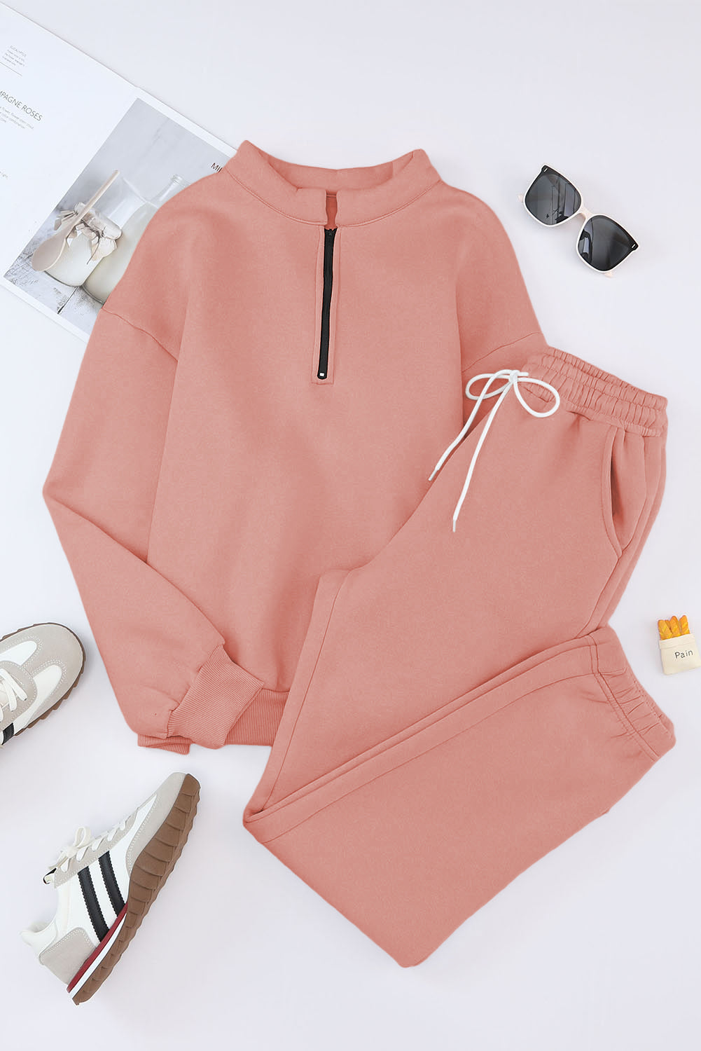 Pink Zip Up Stand Collar Slouchy Two-piece Outfit