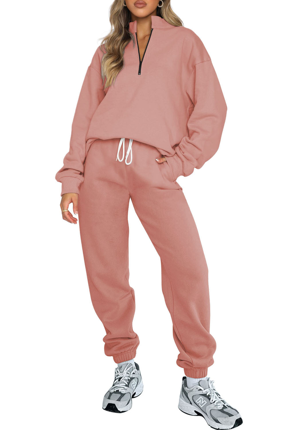 Pink Zip Up Stand Collar Slouchy Two-piece Outfit