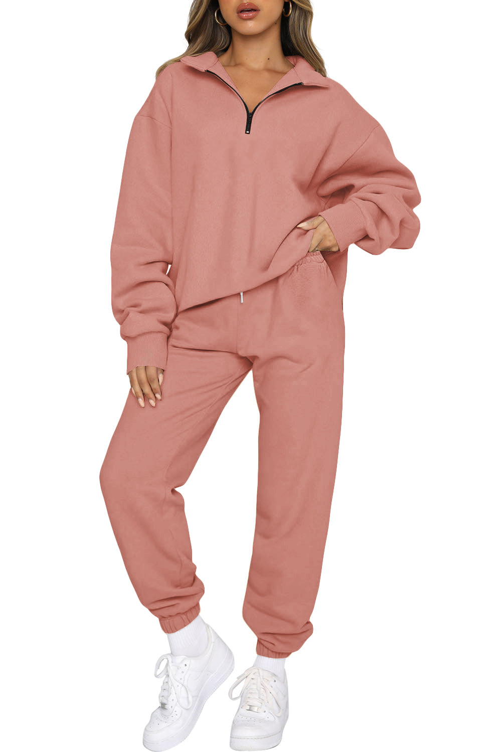 Pink Zip Up Stand Collar Slouchy Two-piece Outfit