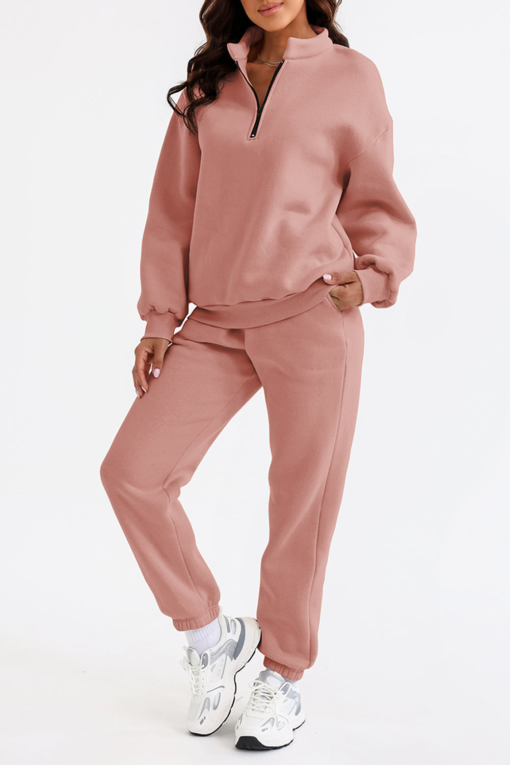 Pink Zip Up Stand Collar Slouchy Two-piece Outfit