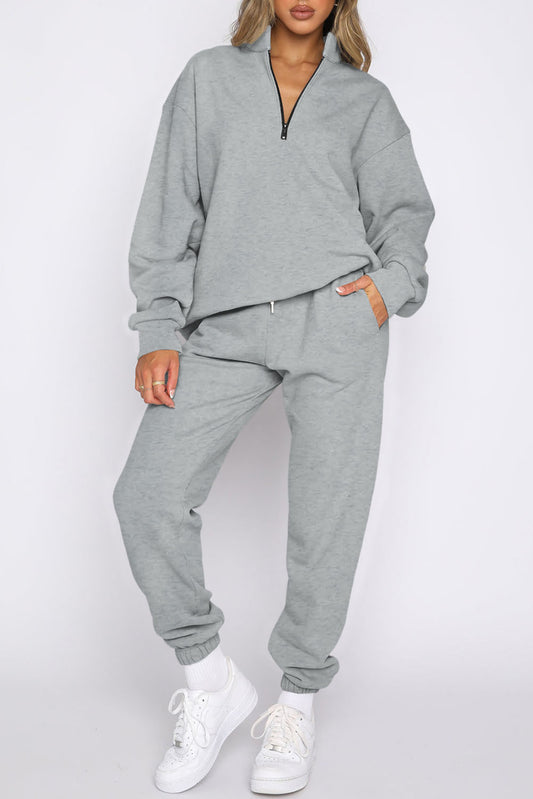 Grey Zip Up Stand Collar Slouchy Two-piece Outfit