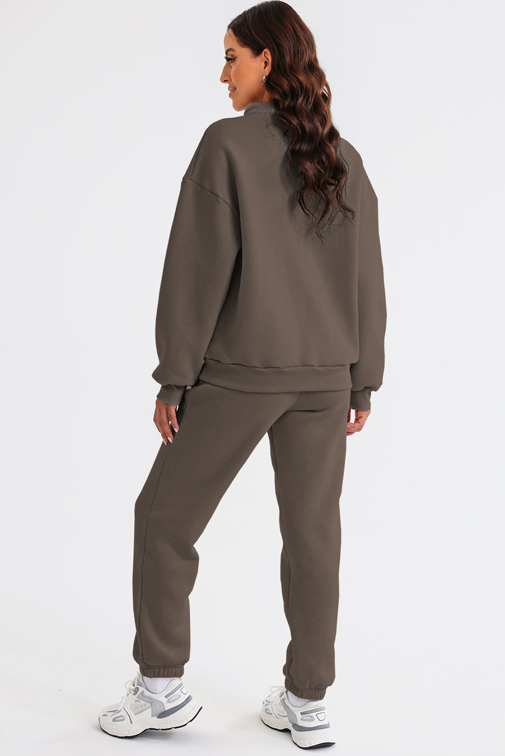 Brown Zip Up Stand Collar Slouchy Two-piece Outfit