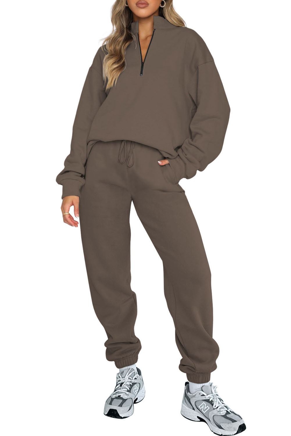 Brown Zip Up Stand Collar Slouchy Two-piece Outfit