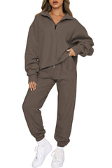 Brown Zip Up Stand Collar Slouchy Two-piece Outfit