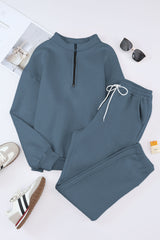 Blue Zip Up Stand Collar Slouchy Two-piece Outfit