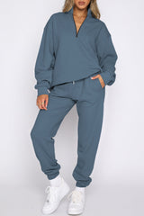 Blue Zip Up Stand Collar Slouchy Two-piece Outfit