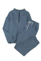 Blue Zip Up Stand Collar Slouchy Two-piece Outfit