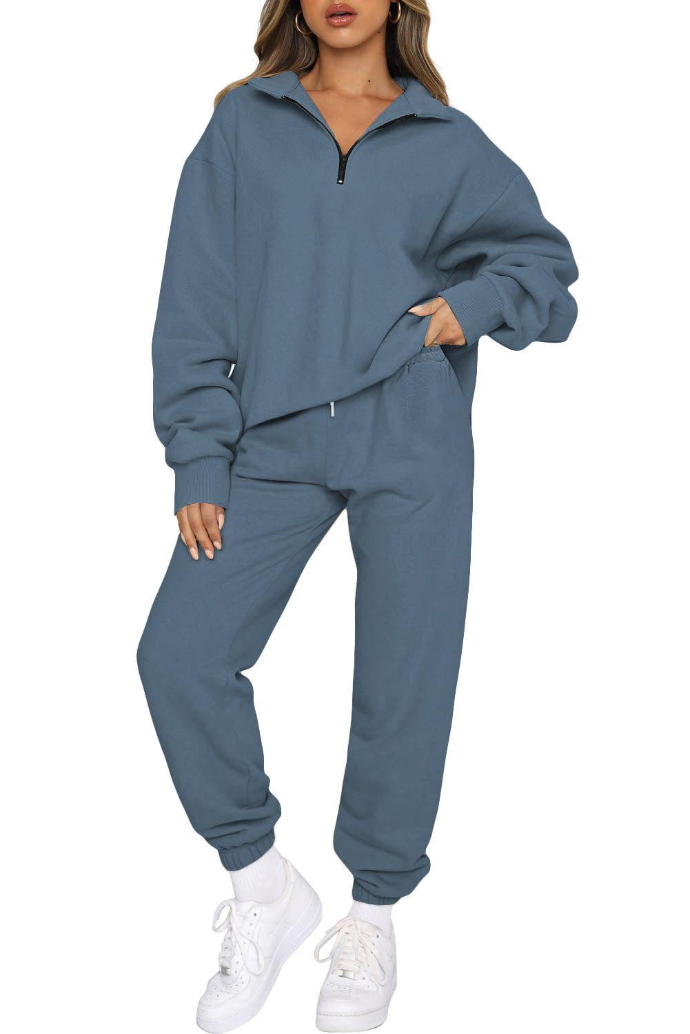 Blue Zip Up Stand Collar Slouchy Two-piece Outfit