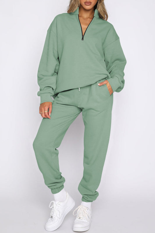 Green Zip Up Stand Collar Slouchy Two-piece Outfit