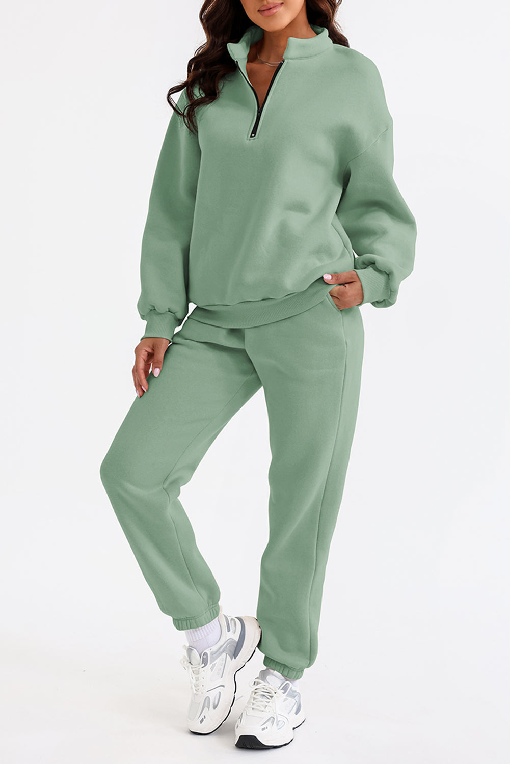 Green Zip Up Stand Collar Slouchy Two-piece Outfit