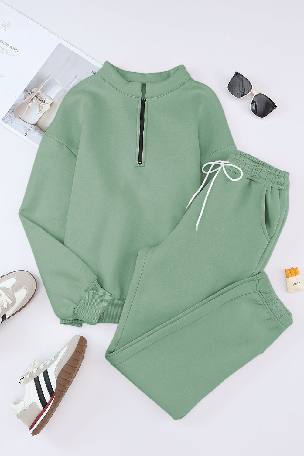 Green Zip Up Stand Collar Slouchy Two-piece Outfit